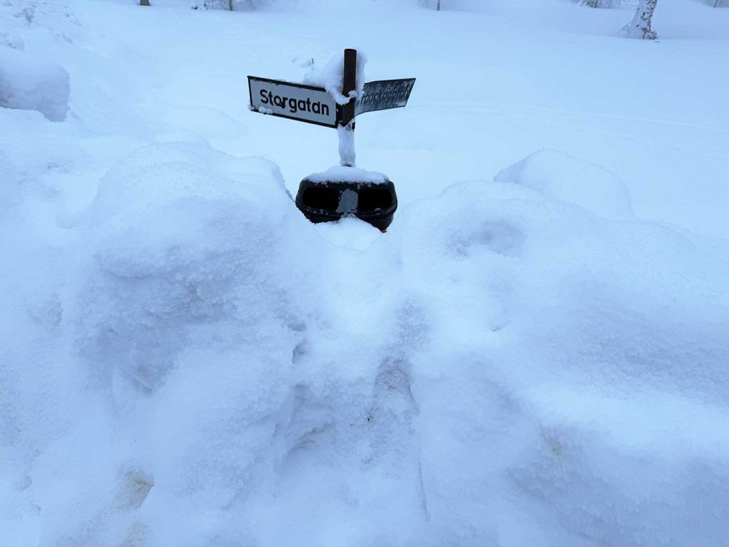 Bakom en plogkarm, nere i diket, syns toppen av en hundlatrin, monterad på en stolpe med gatunamnskyltar. Gatunamnen är Storgatan och Norrbackagatan.