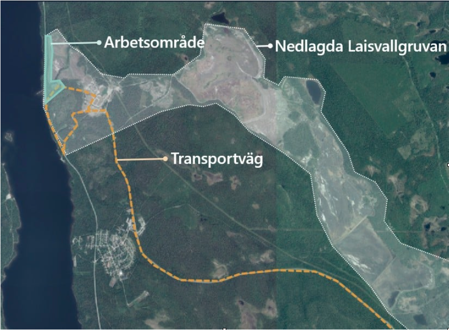 En kartskiss där det område vid nedlagda Laisvallgruvan som nu berörs av åtgärder är markerat. Även transportvägen har markerats upp tydligt. 